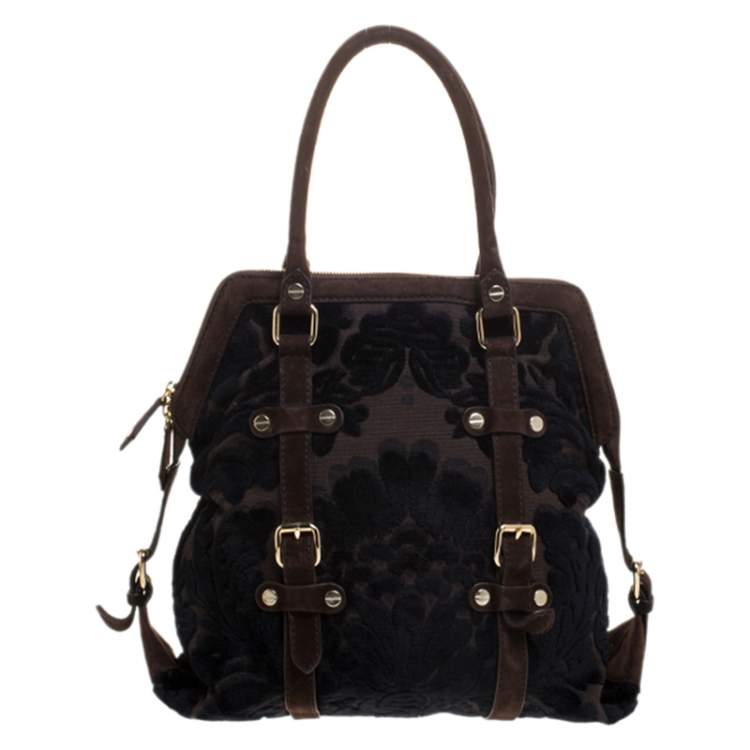 Pre Owned Roberto Cavalli Brown/Black Velvet and Suede Buckle Satchel