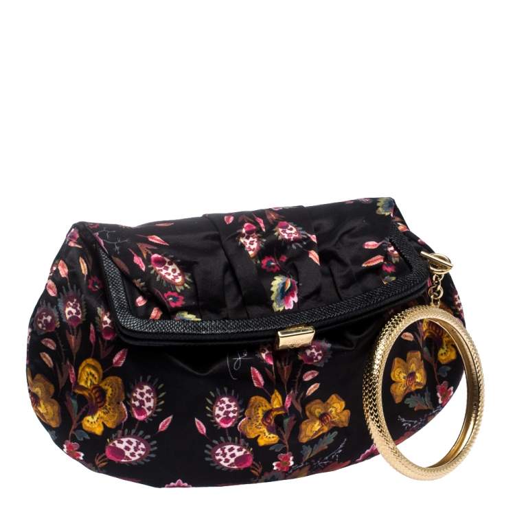مملوكة مسبقًا Roberto Cavalli Multicolor Floral Printed Satin Frame Bracelet Clutch
