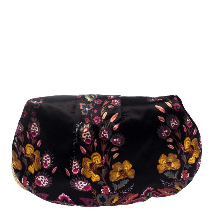 مملوكة مسبقًا Roberto Cavalli Multicolor Floral Printed Satin Frame Bracelet Clutch
