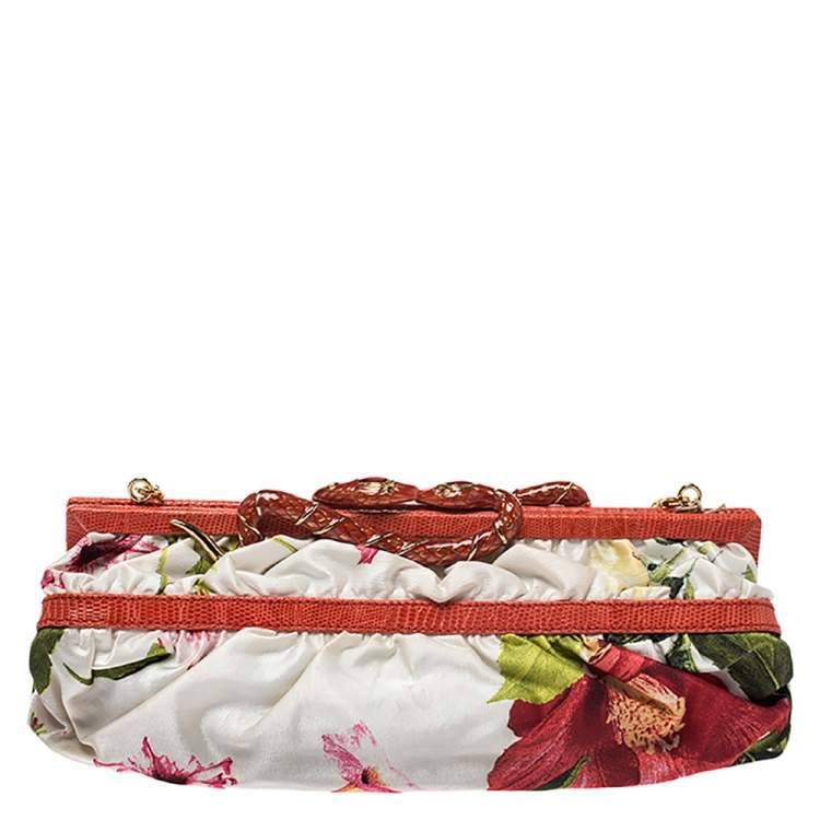 Pre Owned Roberto Cavalli Multicolor Floral Satin and Snakeskin Effect Leather Frame Chain Clutch