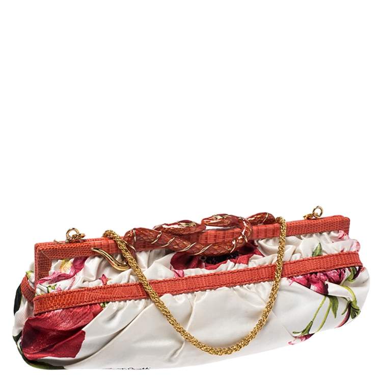 Pre Owned Roberto Cavalli Multicolor Floral Satin and Snakeskin Effect Leather Frame Chain Clutch