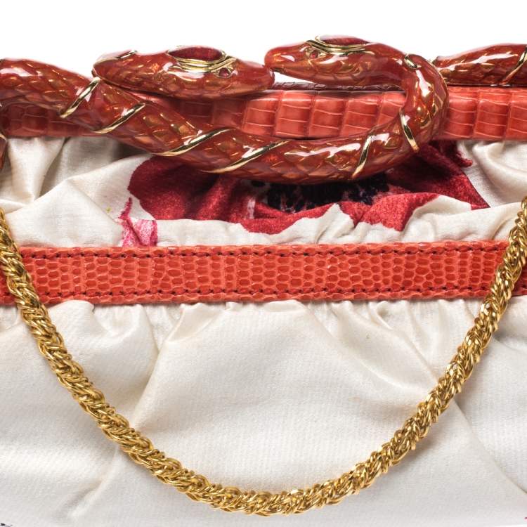 Pre Owned Roberto Cavalli Multicolor Floral Satin and Snakeskin Effect Leather Frame Chain Clutch