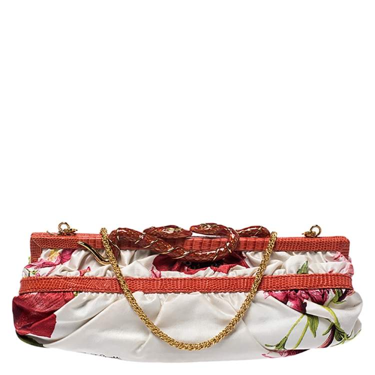 Pre Owned Roberto Cavalli Multicolor Floral Satin and Snakeskin Effect Leather Frame Chain Clutch