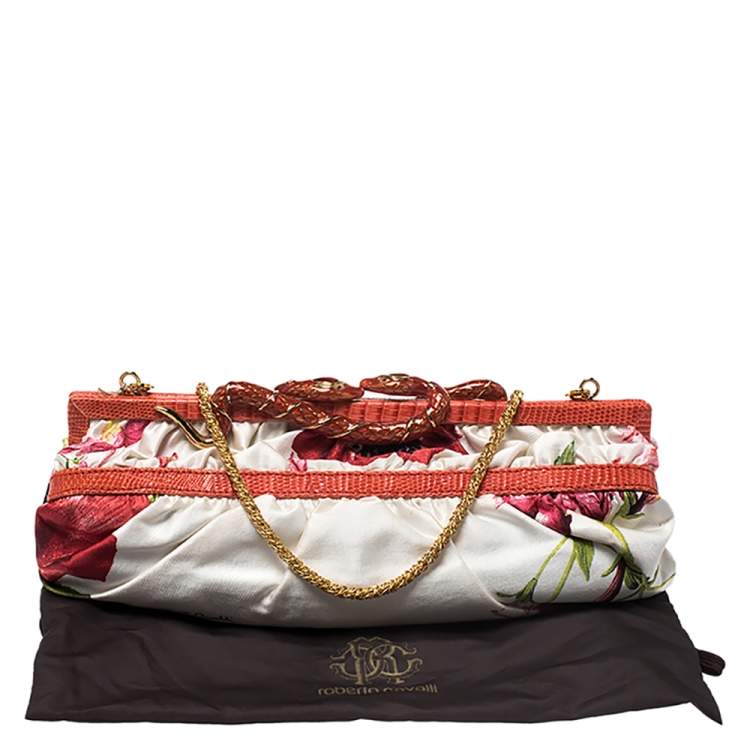 Pre Owned Roberto Cavalli Multicolor Floral Satin and Snakeskin Effect Leather Frame Chain Clutch