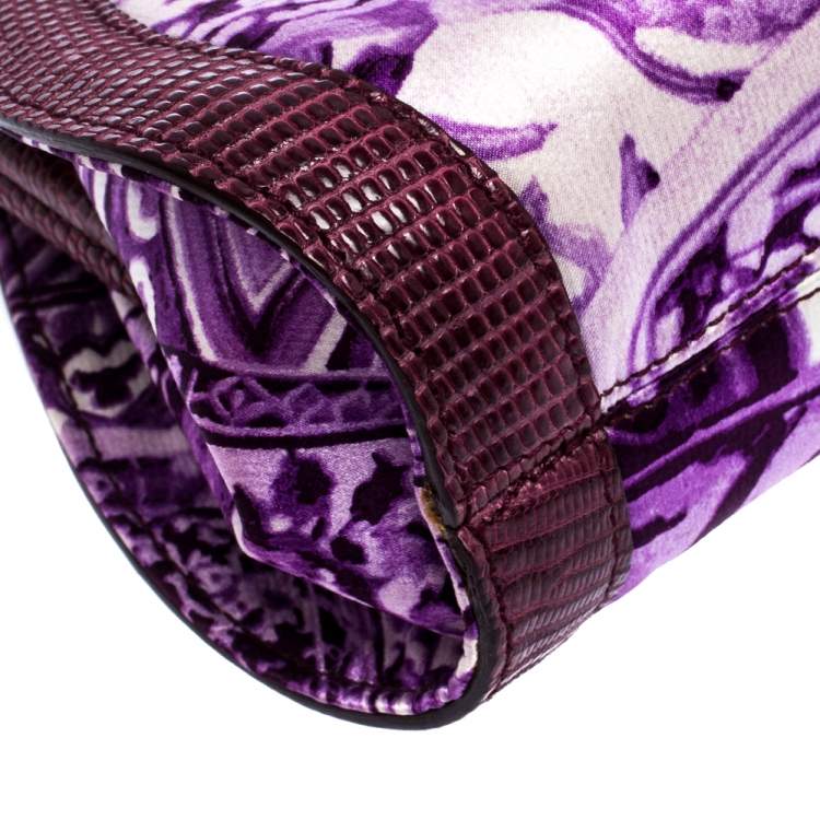 مملوكة مسبقًا Roberto Cavalli Purple Satin and Lizard Embossed Leather Frame Chain Clutch