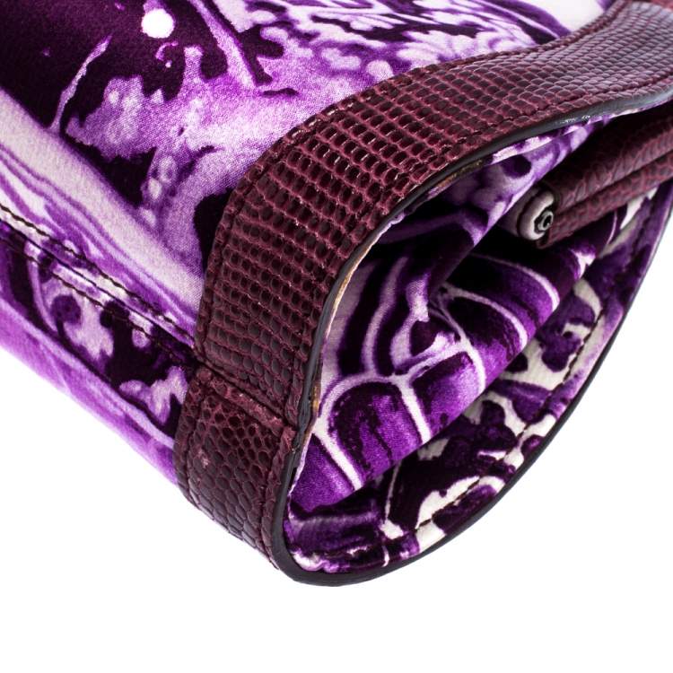 مملوكة مسبقًا Roberto Cavalli Purple Satin and Lizard Embossed Leather Frame Chain Clutch