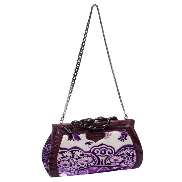 مملوكة مسبقًا Roberto Cavalli Purple Satin and Lizard Embossed Leather Frame Chain Clutch