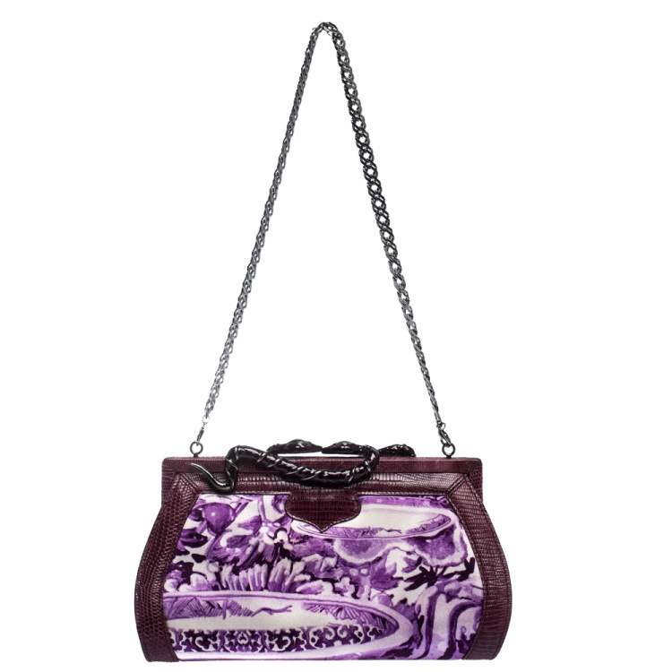 مملوكة مسبقًا Roberto Cavalli Purple Satin and Lizard Embossed Leather Frame Chain Clutch