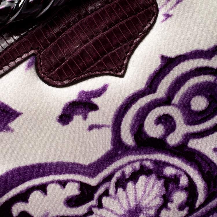 مملوكة مسبقًا Roberto Cavalli Purple Satin and Lizard Embossed Leather Frame Chain Clutch