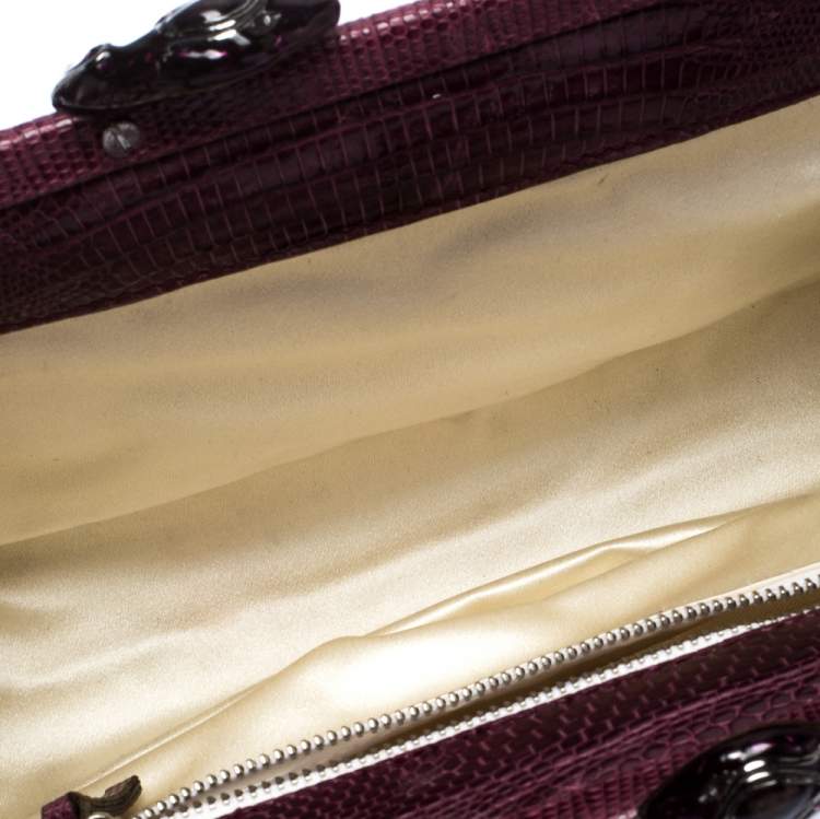 مملوكة مسبقًا Roberto Cavalli Purple Satin and Lizard Embossed Leather Frame Chain Clutch