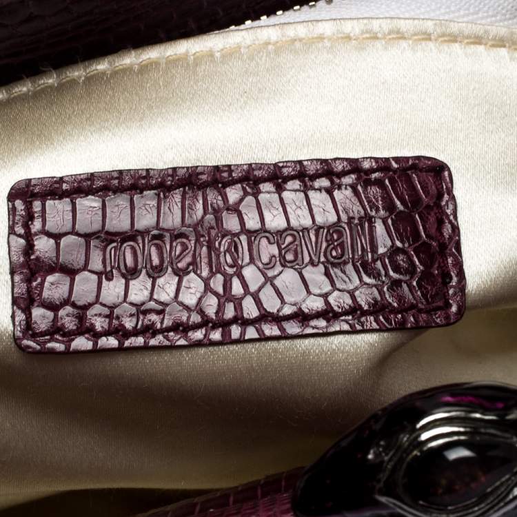 مملوكة مسبقًا Roberto Cavalli Purple Satin and Lizard Embossed Leather Frame Chain Clutch