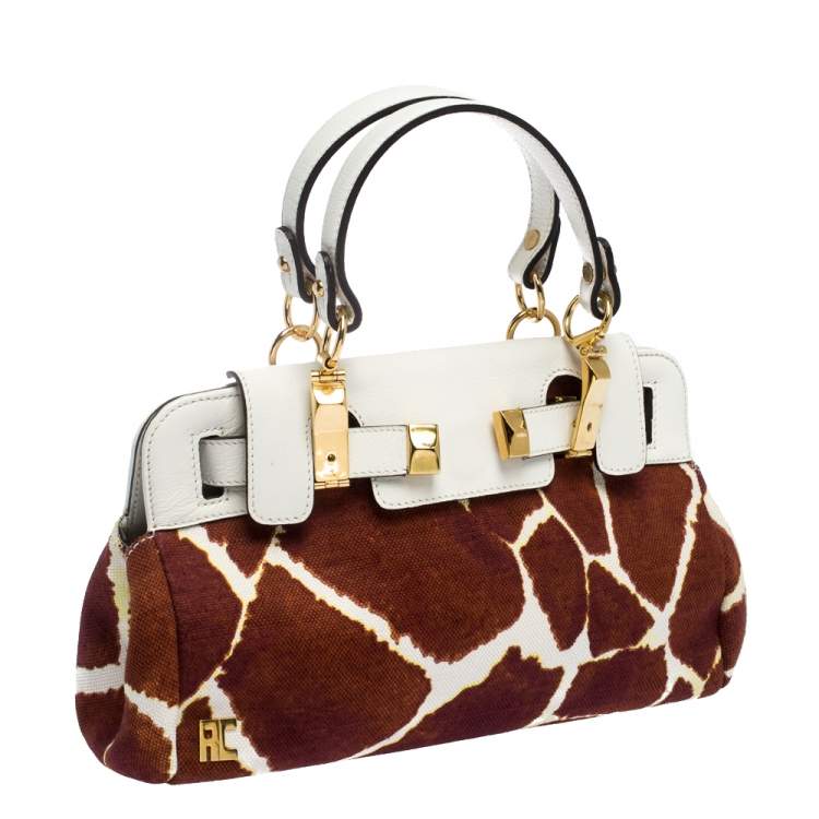 Pre Owned Roberto Cavalli Brown/White Printed Canvas and Leather Satchel