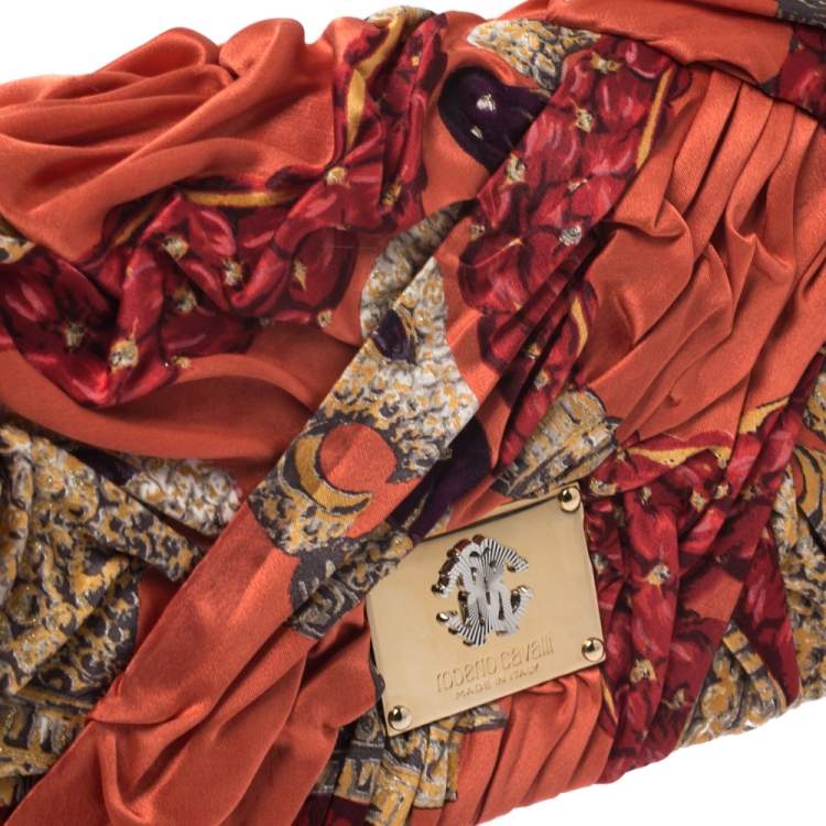 Pre Owned Roberto Cavalli Multicolor Printed Satin Pleated Chain Clutch