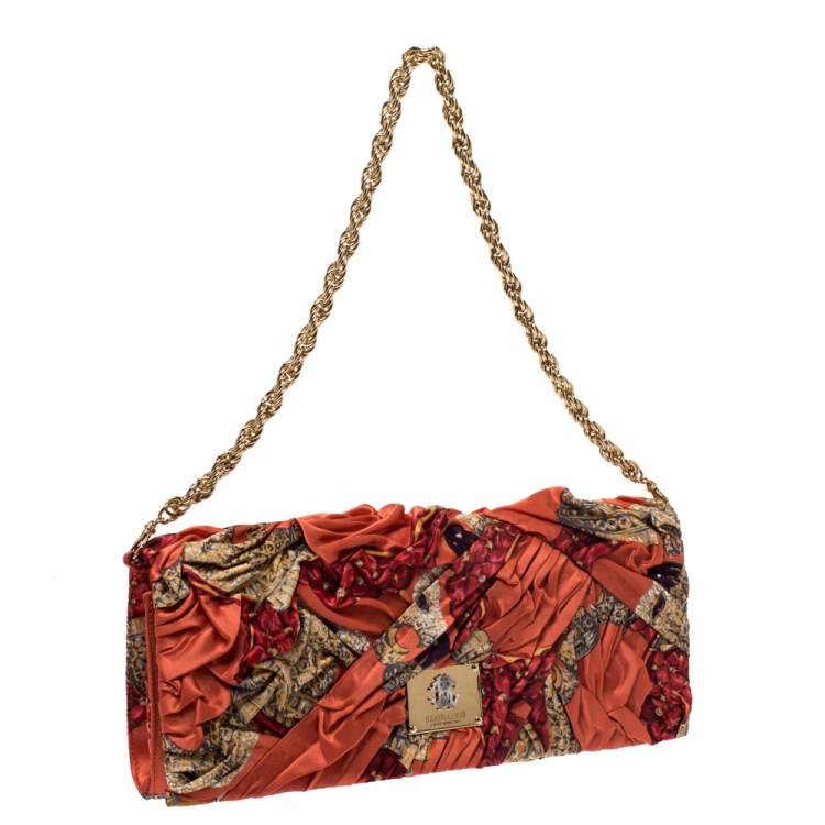 Pre Owned Roberto Cavalli Multicolor Printed Satin Pleated Chain Clutch