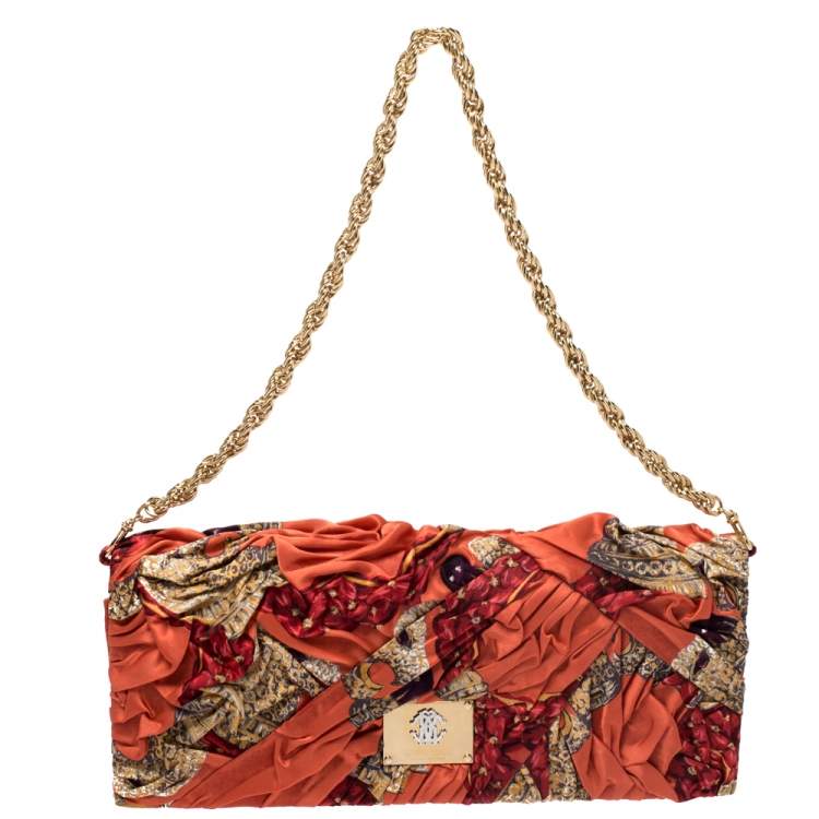 Pre Owned Roberto Cavalli Multicolor Printed Satin Pleated Chain Clutch