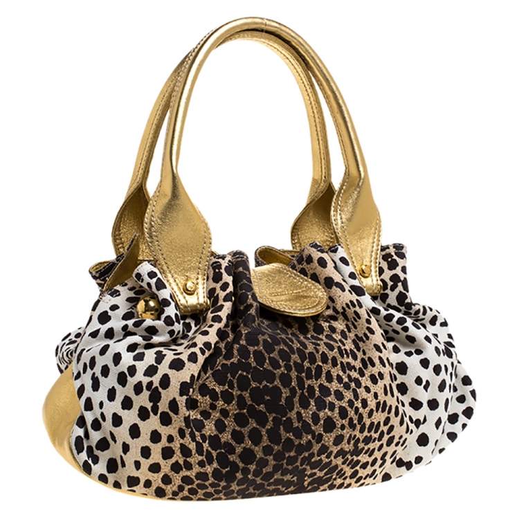 Pre Owned Roberto Cavalli Beige/Gold Leopard Print Canvas and Leather Satchel