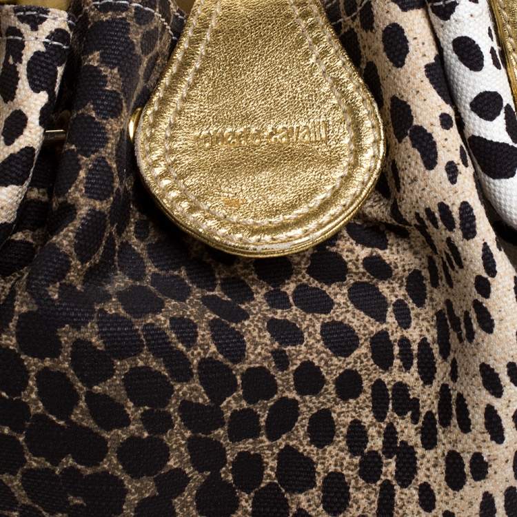 Pre Owned Roberto Cavalli Beige/Gold Leopard Print Canvas and Leather Satchel