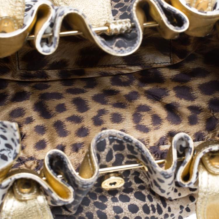 Pre Owned Roberto Cavalli Beige/Gold Leopard Print Canvas and Leather Satchel