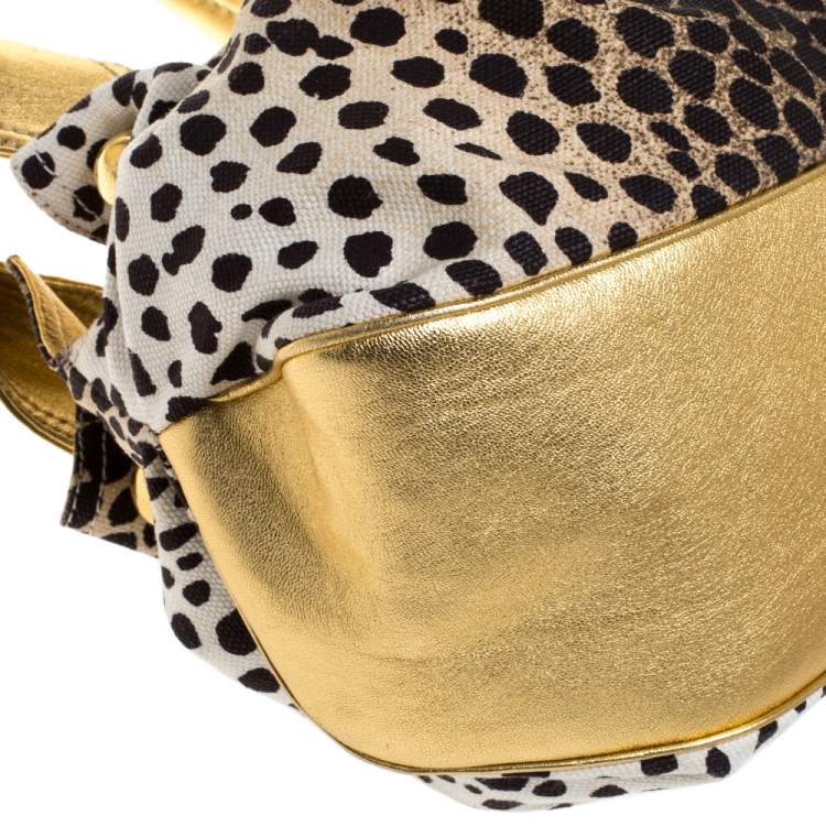 Pre Owned Roberto Cavalli Beige/Gold Leopard Print Canvas and Leather Satchel