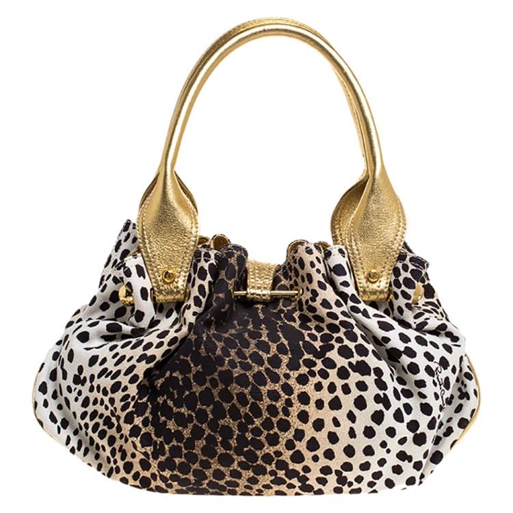 Pre Owned Roberto Cavalli Beige/Gold Leopard Print Canvas and Leather Satchel