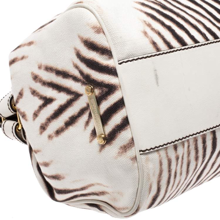 Pre Owned Roberto Cavalli Cream/Brown Zebra Print Canvas and Leather Satchel