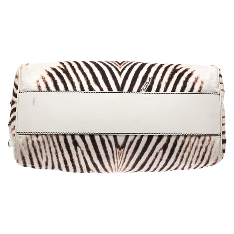 Pre Owned Roberto Cavalli Cream/Brown Zebra Print Canvas and Leather Satchel