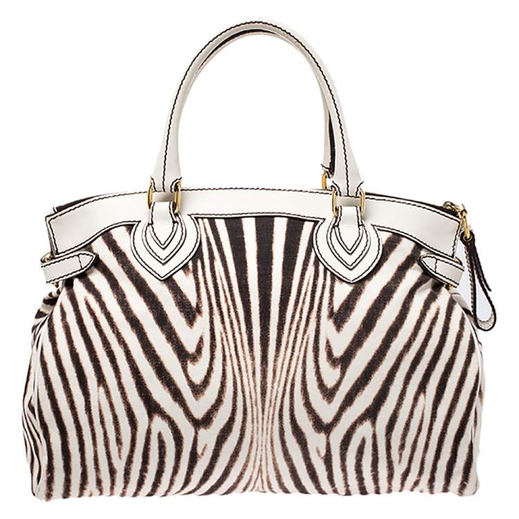 Pre Owned Roberto Cavalli Cream/Brown Zebra Print Canvas and Leather Satchel
