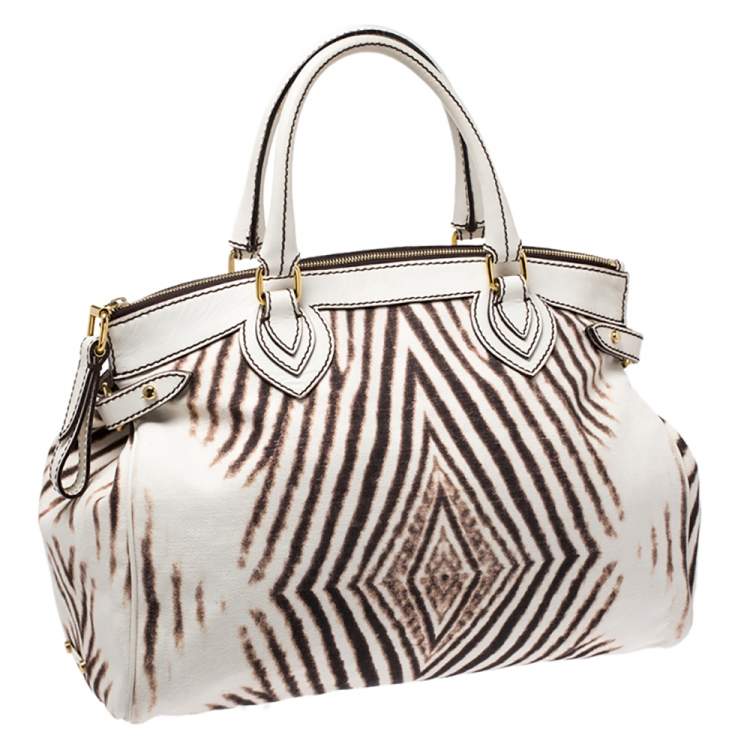 Pre Owned Roberto Cavalli Cream/Brown Zebra Print Canvas and Leather Satchel