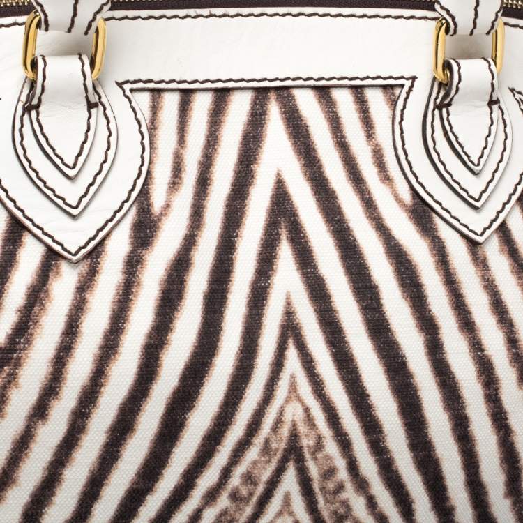 Pre Owned Roberto Cavalli Cream/Brown Zebra Print Canvas and Leather Satchel