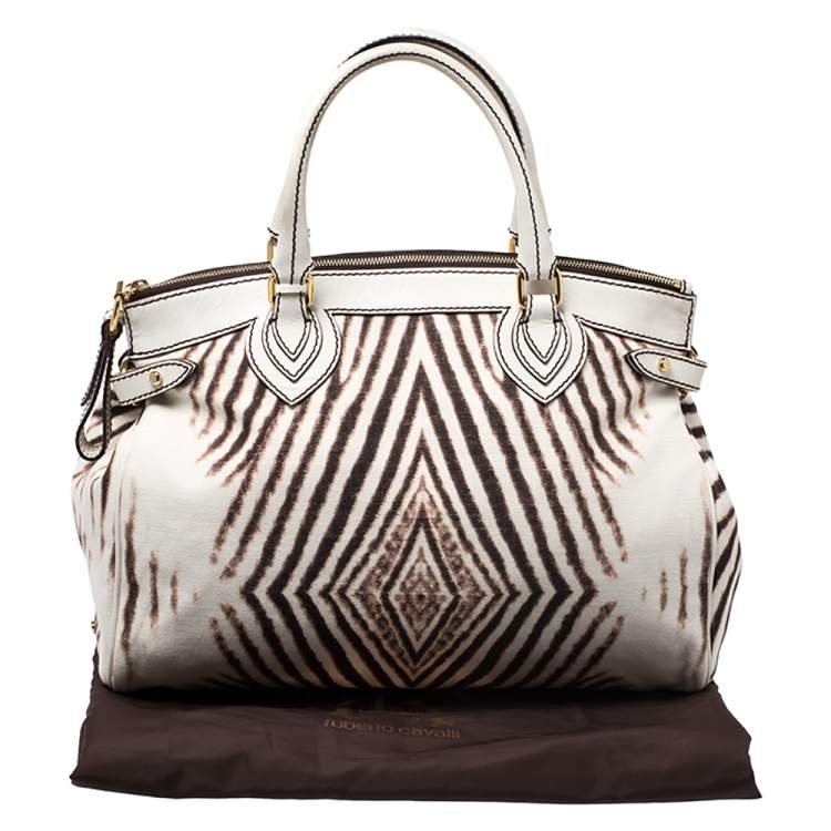 Pre Owned Roberto Cavalli Cream/Brown Zebra Print Canvas and Leather Satchel
