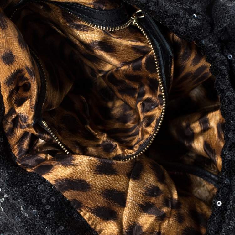 Pre Owned Roberto Cavalli Black Sequin Bow Drawstring Hobo