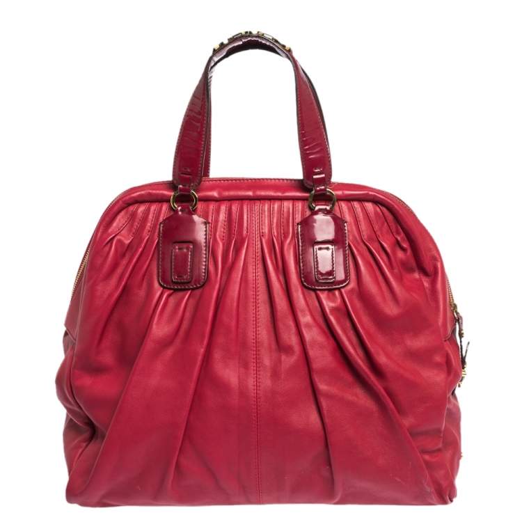 Pre Owned Roberto Cavalli Red Pleated Leather Chain Detail Handle Satchel