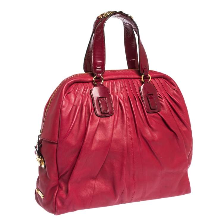 Pre Owned Roberto Cavalli Red Pleated Leather Chain Detail Handle Satchel