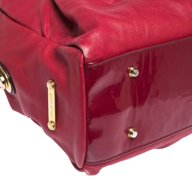 Pre Owned Roberto Cavalli Red Pleated Leather Chain Detail Handle Satchel