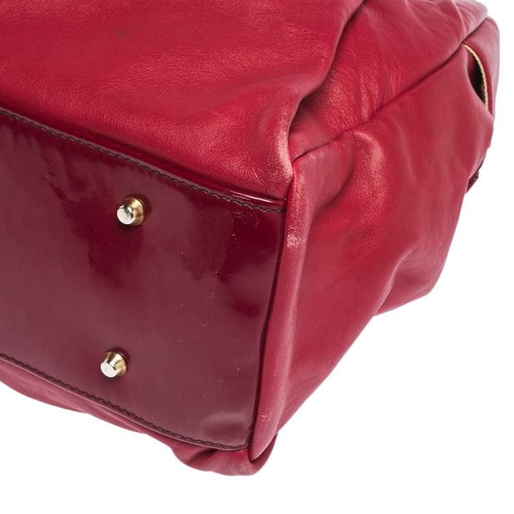 Pre Owned Roberto Cavalli Red Pleated Leather Chain Detail Handle Satchel