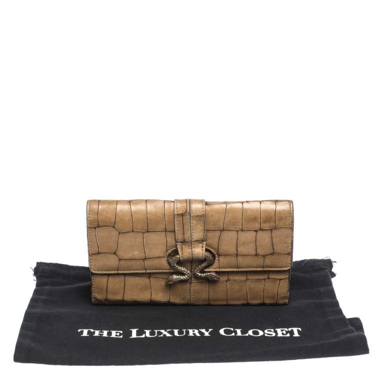 Pre Owned Roberto Cavalli Caramel Brown Crocodile Embossed Leather Double Snake Flap Wallet