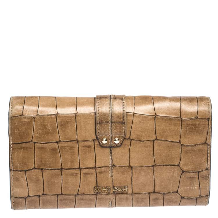 Pre Owned Roberto Cavalli Caramel Brown Crocodile Embossed Leather Double Snake Flap Wallet