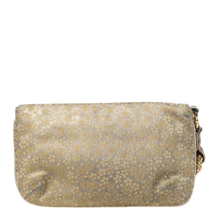 Pre Owned Roberto Cavalli Beige/Metallic Gold Leather Serpent Wristlet Clutch 