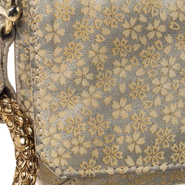 Pre Owned Roberto Cavalli Beige/Metallic Gold Leather Serpent Wristlet Clutch 