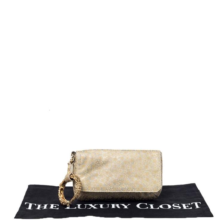 Pre Owned Roberto Cavalli Beige/Metallic Gold Leather Serpent Wristlet Clutch 