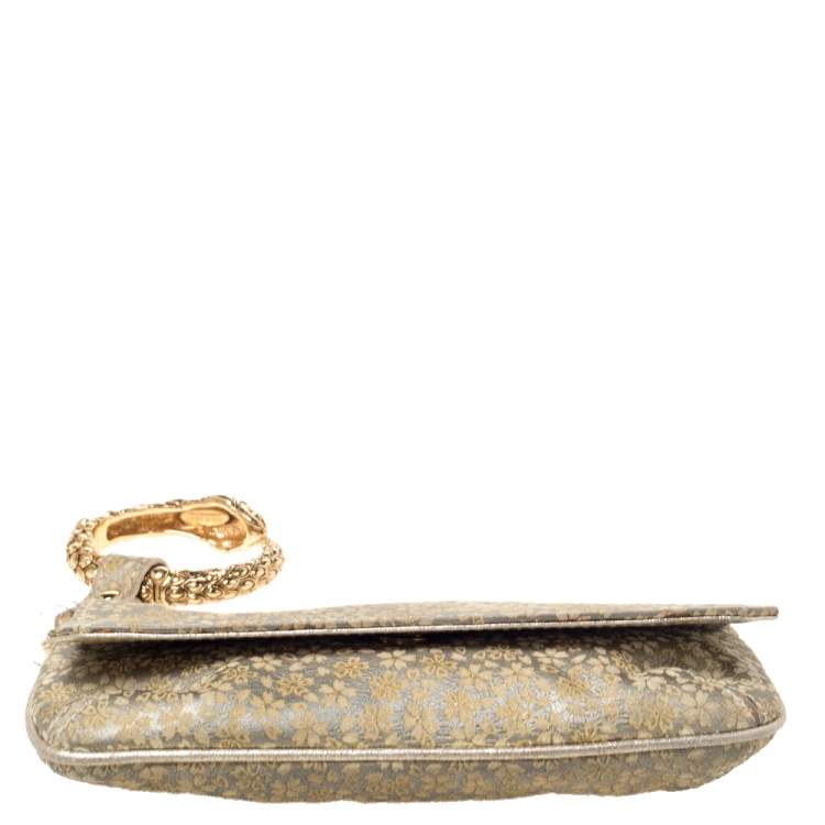 Pre Owned Roberto Cavalli Beige/Metallic Gold Leather Serpent Wristlet Clutch 
