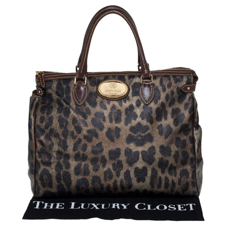 Pre Owned Roberto Cavalli Metallic Green/Brown Leopard Print Coated Canvas and Leather Zip Satchel