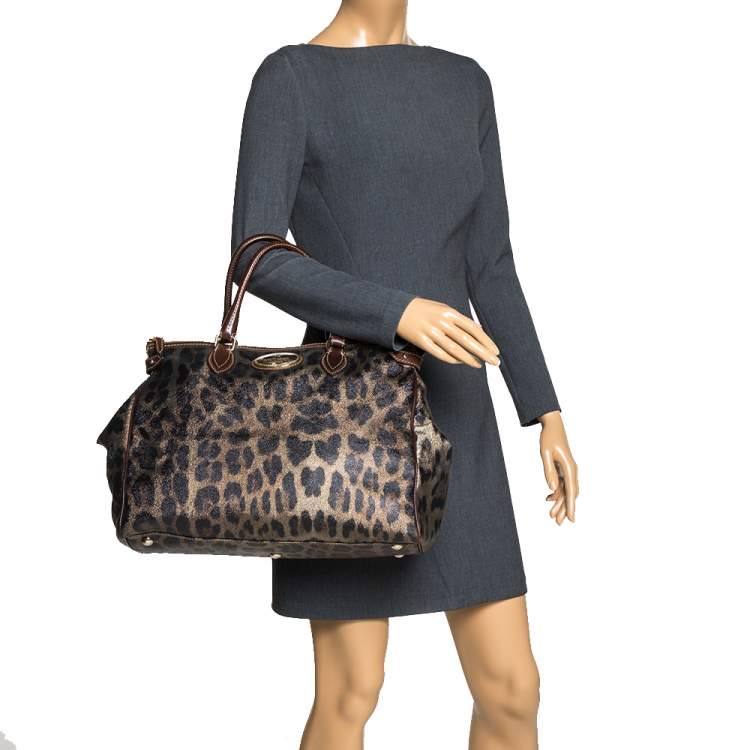 Pre Owned Roberto Cavalli Metallic Green/Brown Leopard Print Coated Canvas and Leather Zip Satchel
