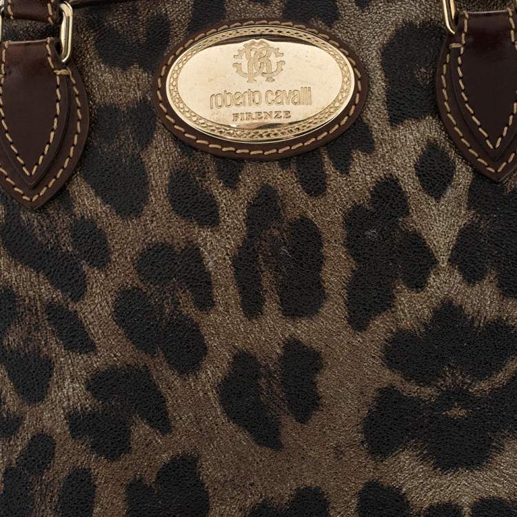 Pre Owned Roberto Cavalli Metallic Green/Brown Leopard Print Coated Canvas and Leather Zip Satchel