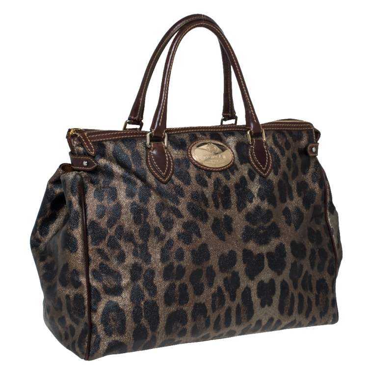 Pre Owned Roberto Cavalli Metallic Green/Brown Leopard Print Coated Canvas and Leather Zip Satchel