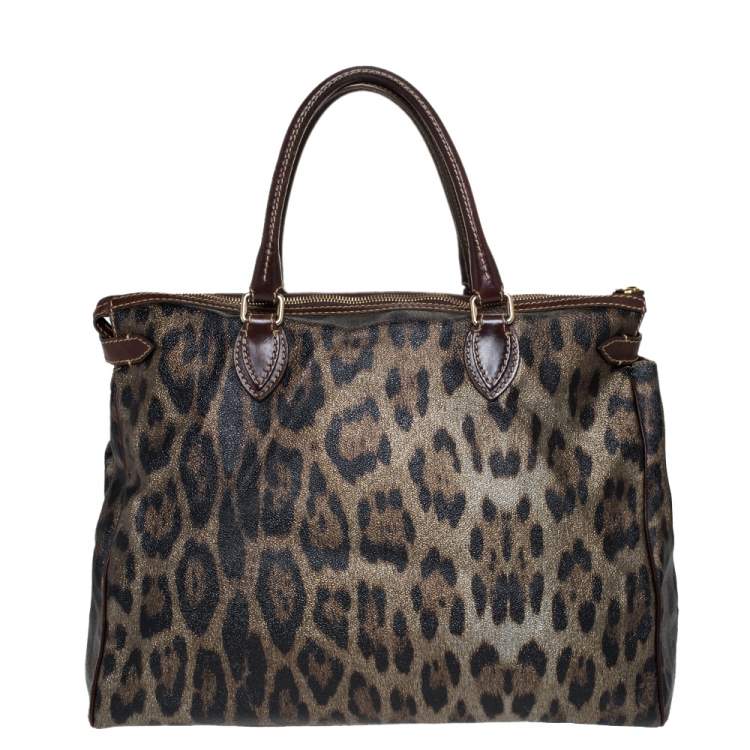 Pre Owned Roberto Cavalli Metallic Green/Brown Leopard Print Coated Canvas and Leather Zip Satchel