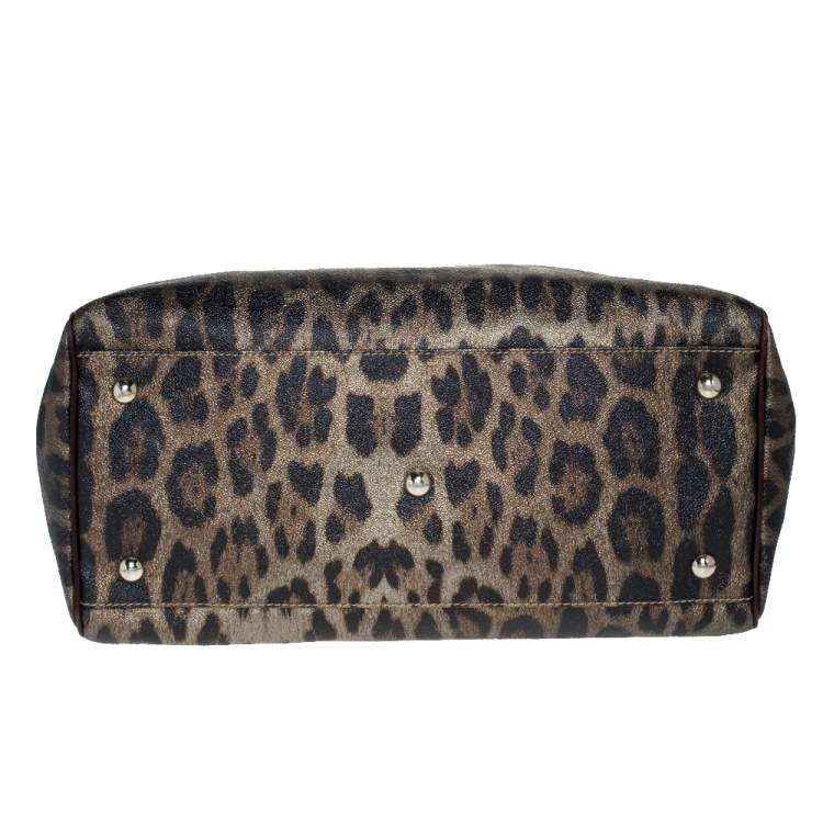 Pre Owned Roberto Cavalli Metallic Green/Brown Leopard Print Coated Canvas and Leather Zip Satchel