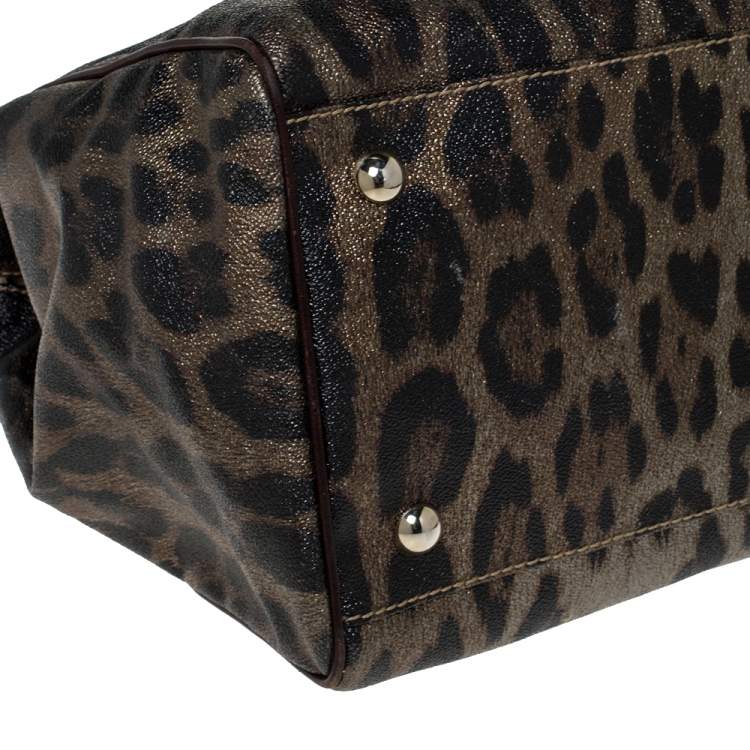 Pre Owned Roberto Cavalli Metallic Green/Brown Leopard Print Coated Canvas and Leather Zip Satchel