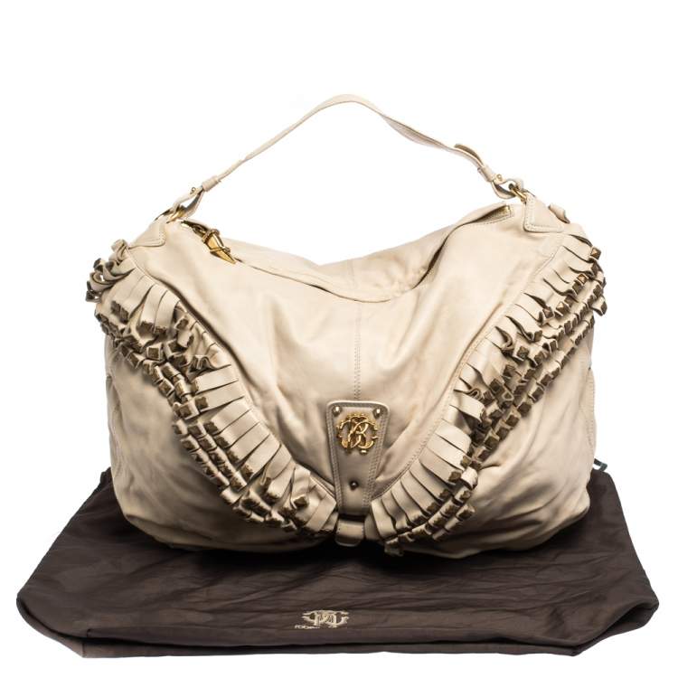 Pre Owned Roberto Cavalli Cream Leather Studded Fringe Hobo