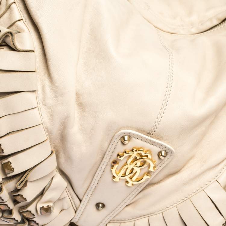 Pre Owned Roberto Cavalli Cream Leather Studded Fringe Hobo